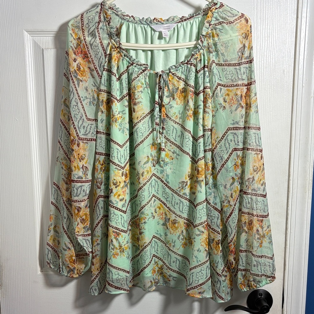 LC Lauren Conrad Mint and Yellow Floral Blouse XL